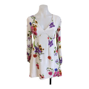Roam Size Small Sardina Mini Shift Dress White Floral V Neck Cut Out Long Sleeve